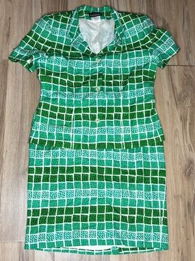 VTG 60s Green White Mid Century Geometric Print Skirt Suit Harve Benard 10/12
